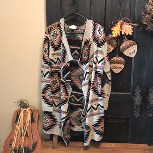 Long open front sweater Cardigan Aztec print